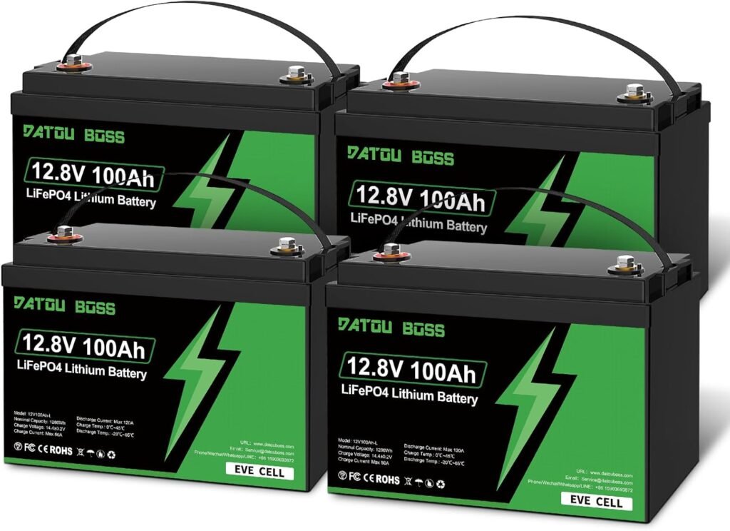 DATOUBOSS 12V 100Ah LiFePO4 Battery, 12V Lithium Battery with 100A BMS, Up to 15000+ Cycles, 1280Wh Rechargeable Battery for Motorhomes, Boats, Camping, Solar Home Systems,4PCS