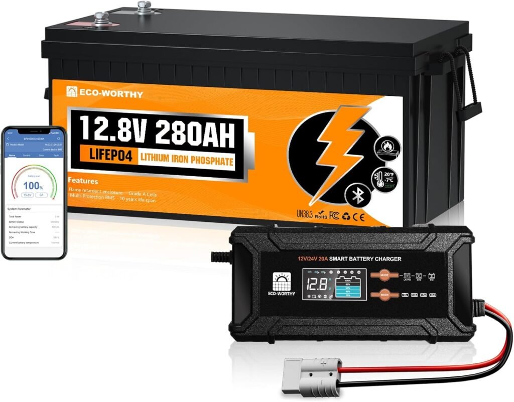 ECO-WORTHY 12V 280AH LiFePO4 Battery and 12V/24V 20A Automatic Smart Battery Charger with Anderson Connector,for Off-Grid,Motorhomes,Home,Narrowboat ECO-WORTHY 12V 280AH LiFePO4 Battery and 12V/24V 20A Automatic Smart Battery Charger with Anderson Connector,for Off-Grid,Motorhomes,Home,Narrowboat
