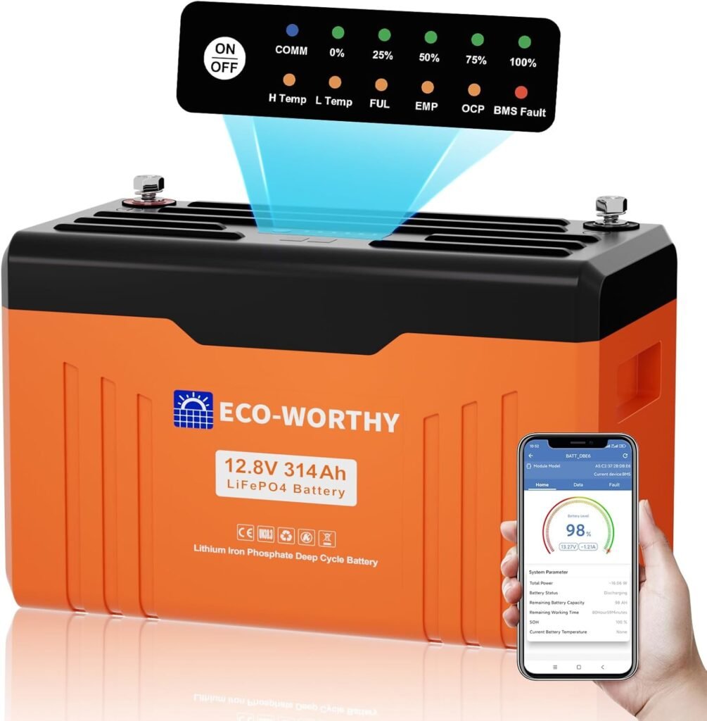 ECO-WORTHY 12V 314Ah LiFePO4 Lithium Battery 4019Wh with Bluetooth 5.1, SOC LEDs, Low Temp Protection, 200A BMS, 15000+ Cycles for Campervan, Motorhome, Home Backup ECO-WORTHY 12V 314Ah LiFePO4 Lithium Battery 4019Wh with Bluetooth 5.1, SOC LEDs, Low Temp Protection, 200A BMS, 15000+ Cycles for Campervan, Motorhome, Home Backup