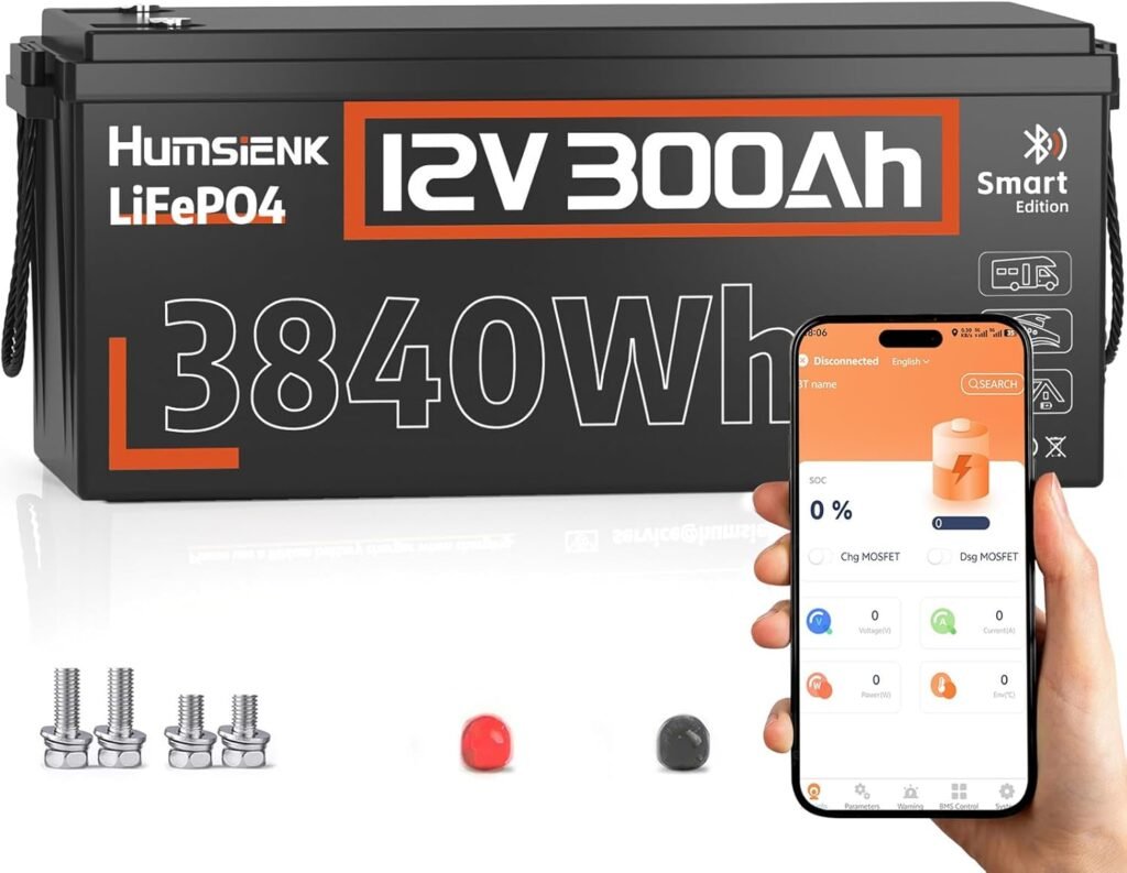 HumsiENK 12V 300Ah LiFePO4 Battery, 3840Wh Lithium Leisure Battery with Bluetooth, Built in 100A BMS Low-Temp Protection, for Solar,Fish Finder,Lighting,Home Backup HumsiENK 12V 300Ah LiFePO4 Battery, 3840Wh Lithium Leisure Battery with Bluetooth, Built in 100A BMS Low-Temp Protection, for Solar,Fish Finder,Lighting,Home Backup