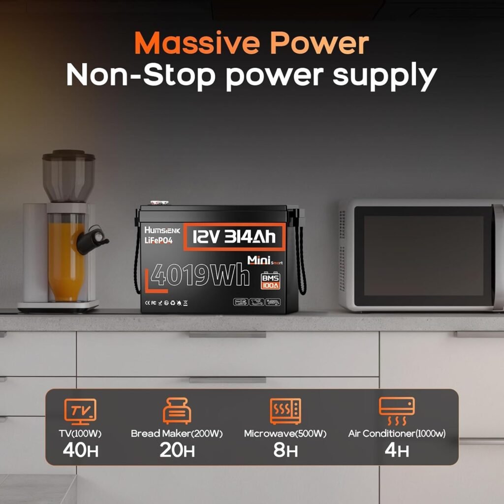 HumsiENK 12V 314Ah LiFePO4 Battery, Built-in 200A BMS, 4019Wh Energy with Low-Temp Protection and Bluetooth, Perfect for Home, Motorhome,Boat,Emergency Power HumsiENK 12V 314Ah LiFePO4 Battery, Built-in 200A BMS, 4019Wh Energy with Low-Temp Protection and Bluetooth, Perfect for Home, Motorhome,Boat,Emergency Power