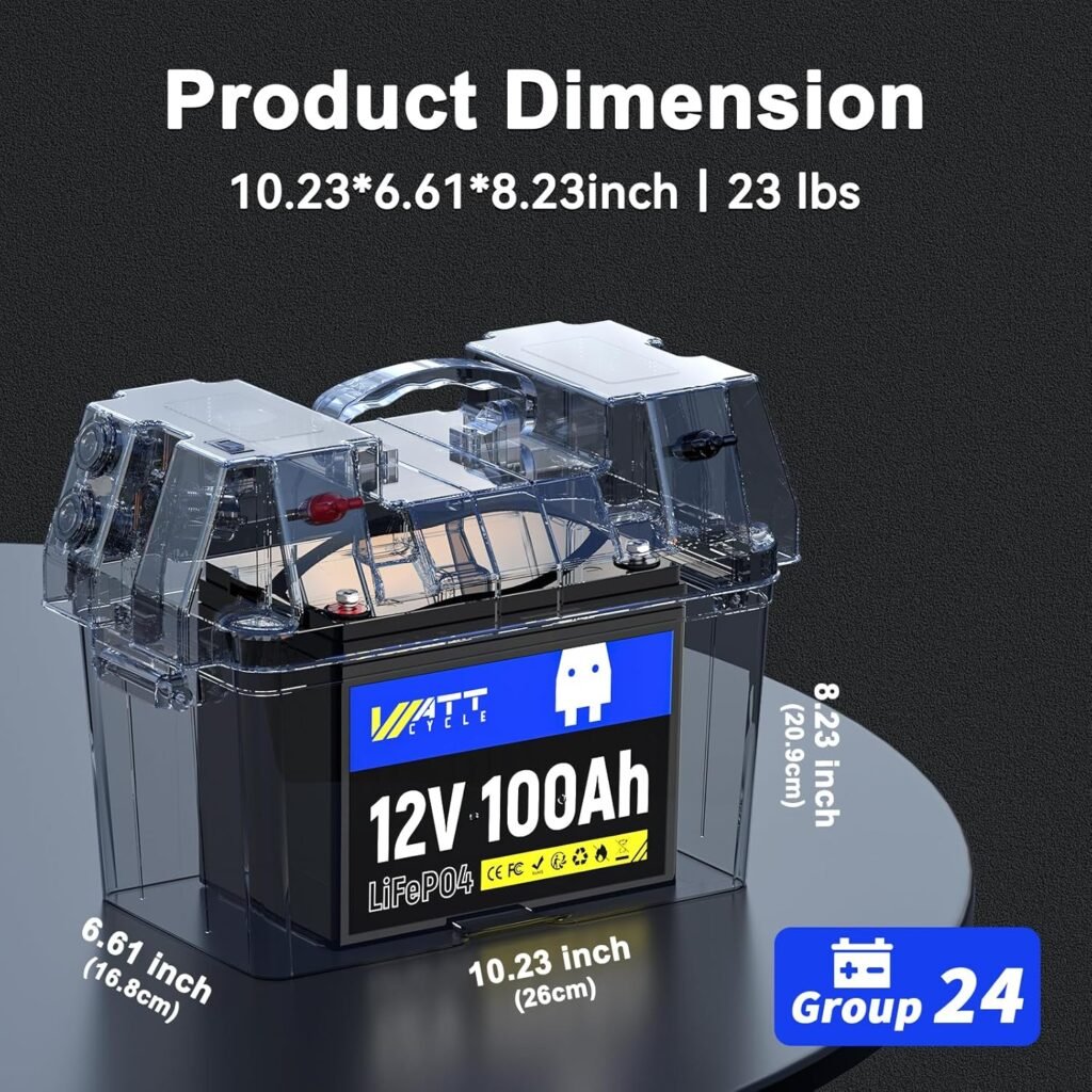 WattCycle 12V 100Ah LiFePO4 Battery 2-Pack (BCI Group 24), Built-in 100A BMS, Low-Temp Protection, 15000+ Cycles, UN38.3 CE Certified - Ideal for RVs, Motorhomes, Marine, Off-Grid Solar, Home Energy WattCycle 12V 100Ah LiFePO4 Battery 2-Pack (BCI Group 24), Built-in 100A BMS, Low-Temp Protection, 15000+ Cycles, UN38.3 CE Certified - Ideal for RVs, Motorhomes, Marine, Off-Grid Solar, Home Energy