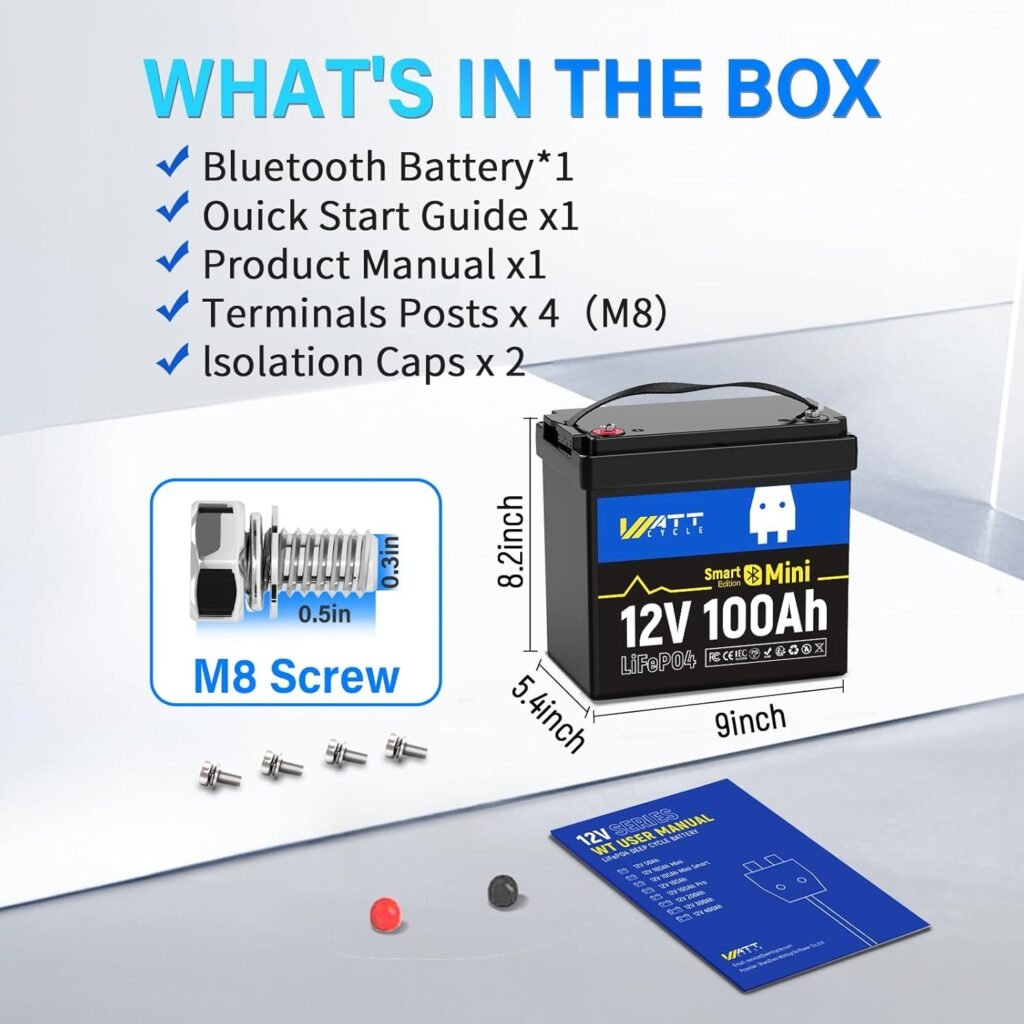 Wattcycle 12V 100Ah LiFePO4 Lithium Battery Pack, BCI Group 24, Built-in 100A Smart BMS, Bluetooth Monitoring via Phone, 15000+ Deep Cycles, Ideal for RV, Marine, Solar, Off-Grid
