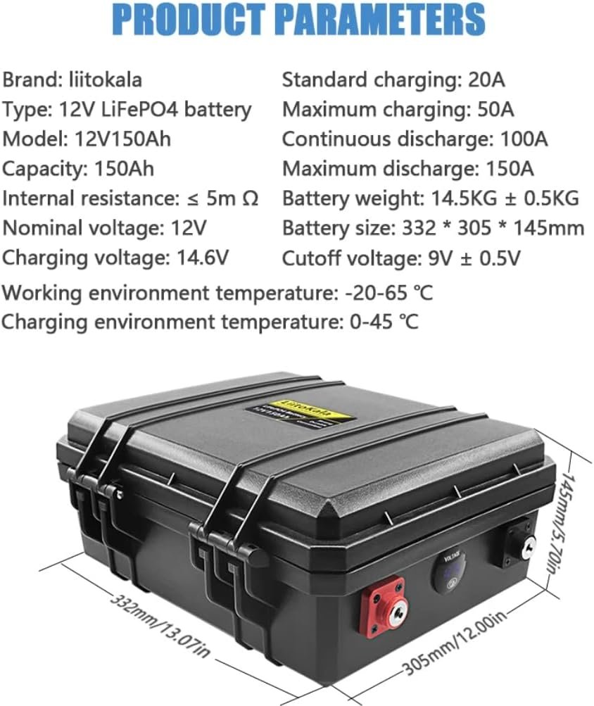 LiitoKala 12V 150Ah LiFePO4 Lithium Iron Phosphate Battery Pack Built-in 12.8V 100A BMS for Electric boat motor Solar inverter (FBK-12V150Ah+charger) LiitoKala 12V 150Ah LiFePO4 Lithium Iron Phosphate Battery Pack Built-in 12.8V 100A BMS for Electric boat motor Solar inverter (FBK-12V150Ah+charger)