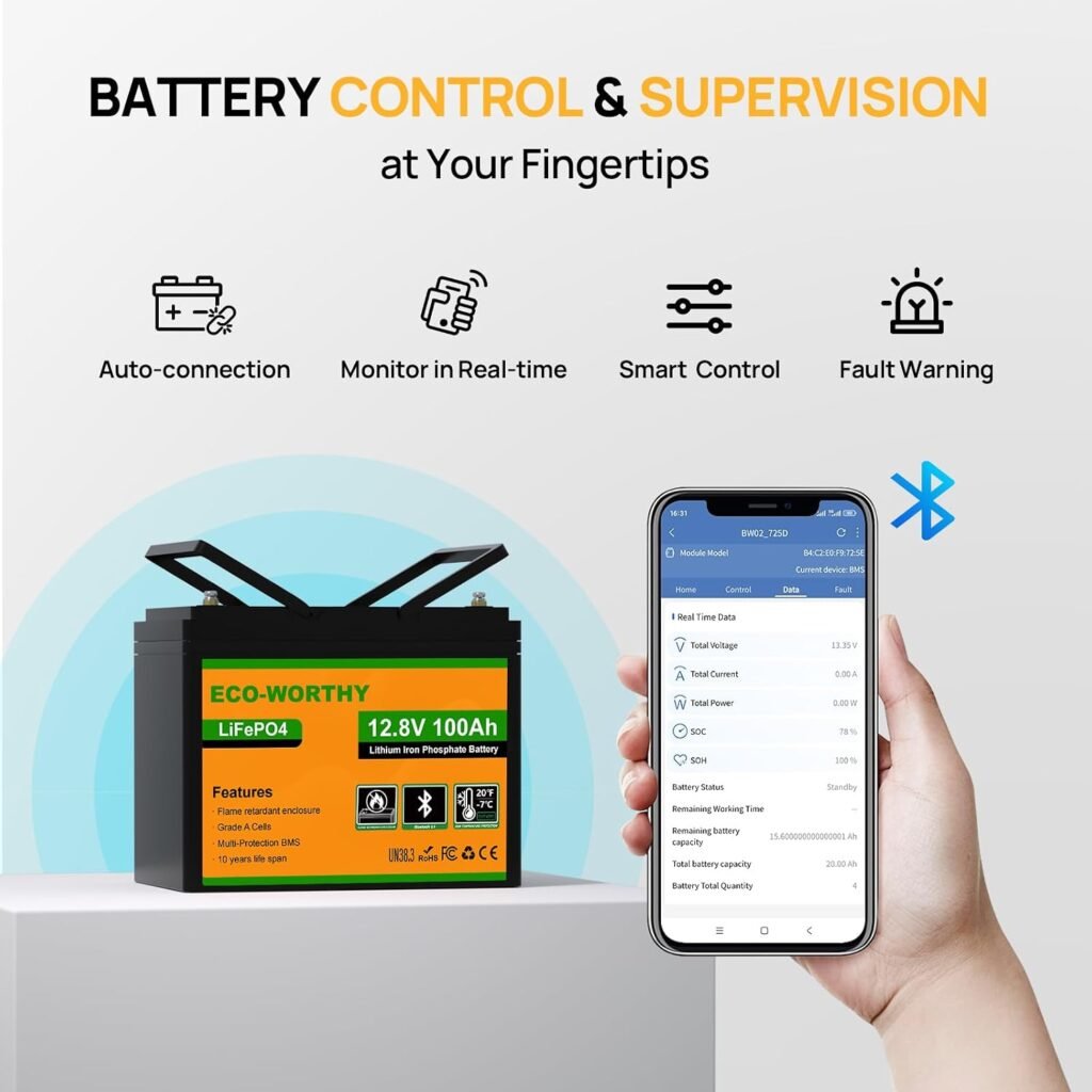 ECO-WORTHY 12V 100Ah LiFePO4 Battery with Bluetooth Low-Temp Cut Off