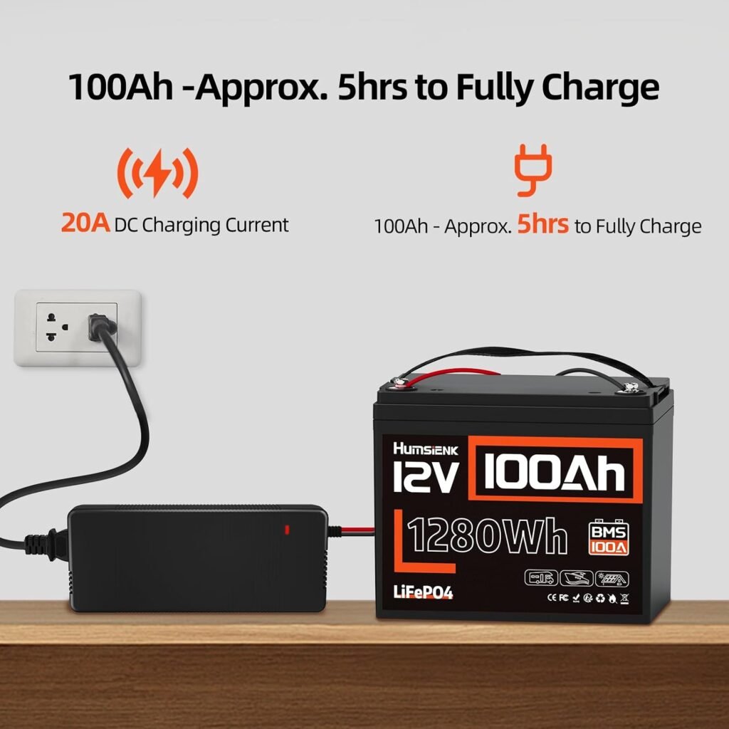 HumsiENK 12V 100Ah LiFePO4 Battery Group 24-100A BMS with Low Temp Cutoff | 15000+ Deep Cycles for RV Solar Marine | Off-Grid Backup Power Rechargeable Lithium Battery, Incl. 14.6V 20A Charger